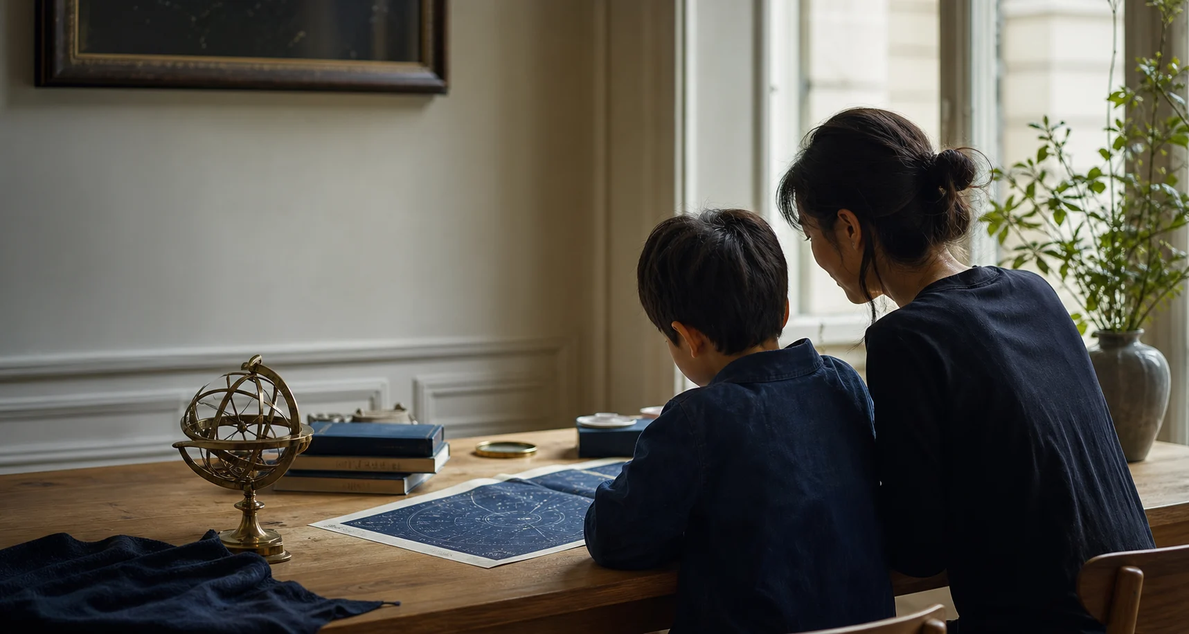 明るい部屋で星図を一緒に見る母親と子どもの後ろ姿
