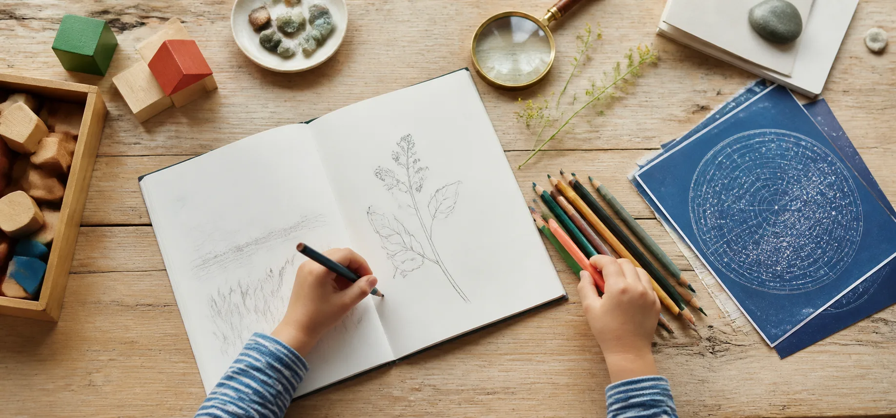 星図や植物、積み木のそばで絵を描く子どもの手元