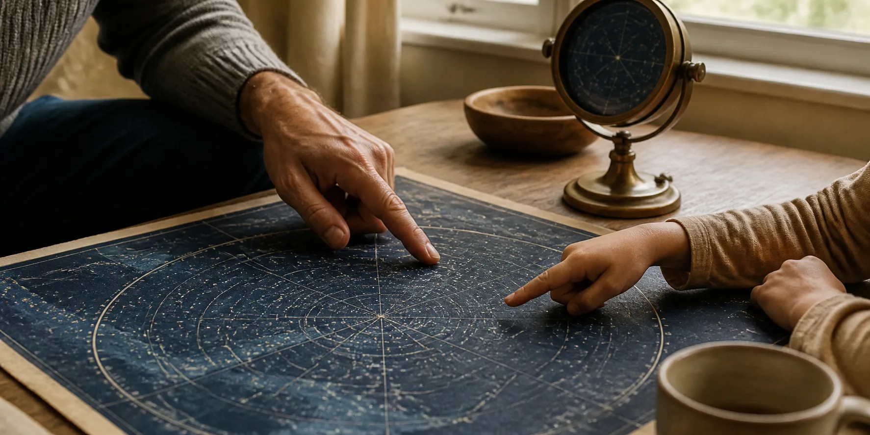 ひとつの星図の異なる場所を指す大人と子どもの手